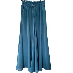 Bohemian Flowy Gaucho Poncho Drawstring Blue Pants, Smocked Waist, Pockets, Med